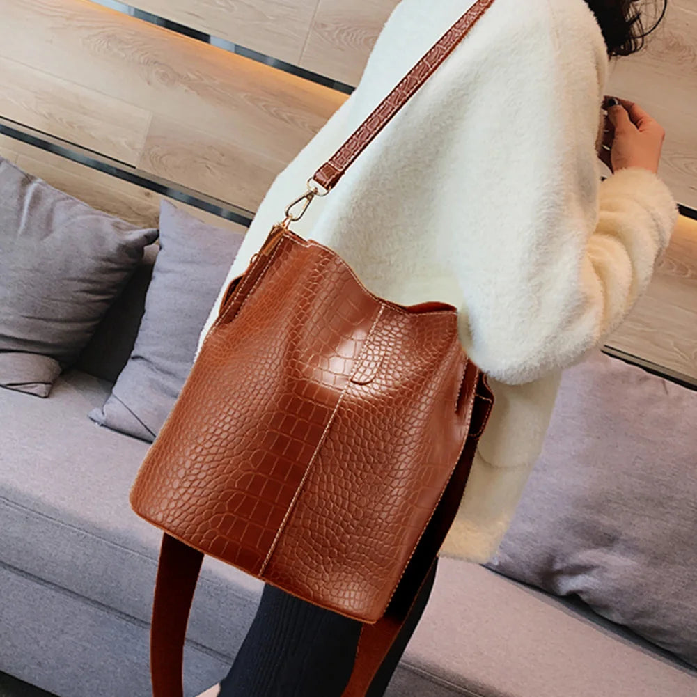 Women's Crocodile Pattern Bucket Shoulder Bag