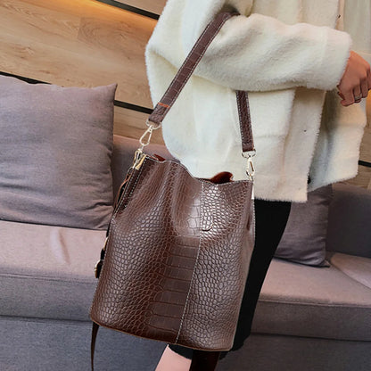 Women's Crocodile Pattern Bucket Shoulder Bag